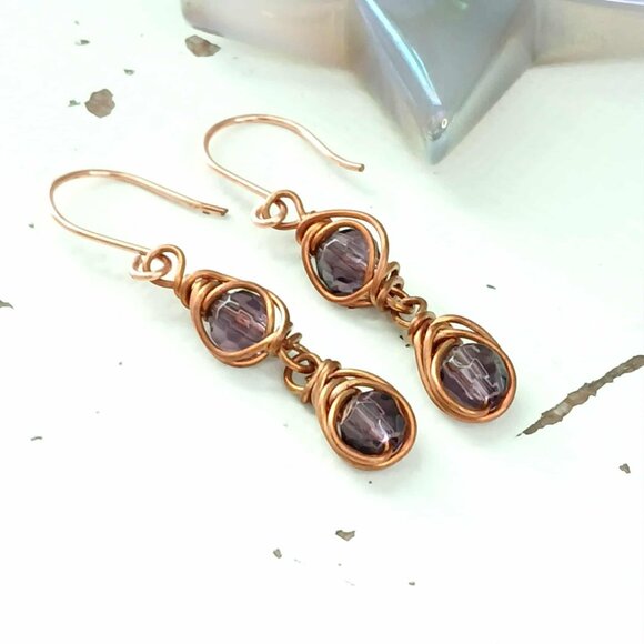 Copper Wire Glass Beaded Dangle Earrings, Boho Chic Artisan OOAK 2" - Picture 9 of 10